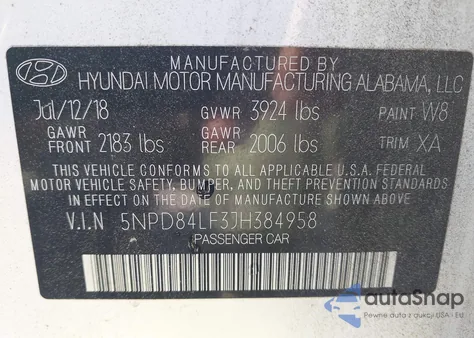 2018 Hyundai Elantra Sel z USA, uszkodzony, nr VIN 5NPD84LF3JH384958